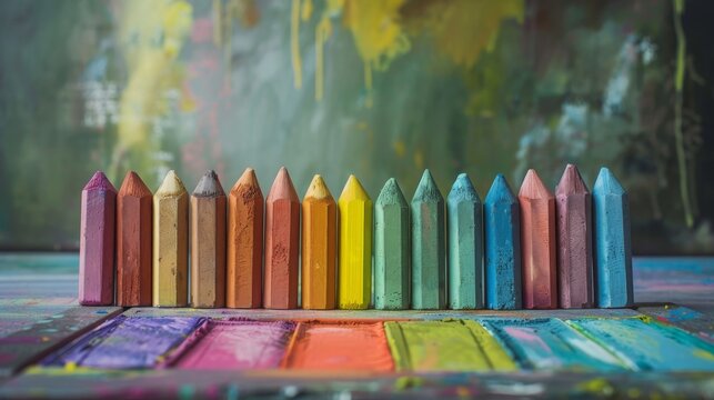 Colorful chalk pastels arranged in a row, close up, textured hues, vibrant, Overlay, artist's workspace backdrop