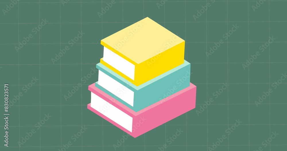 Poster image of stack of books icons floating over grid network on green background with copy space