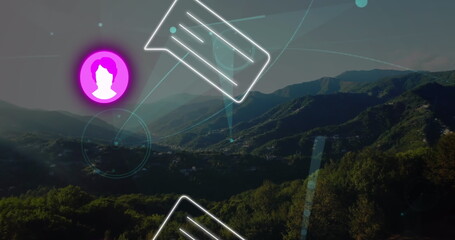 Image of profile and message icons over network of connections against landscape with mountains