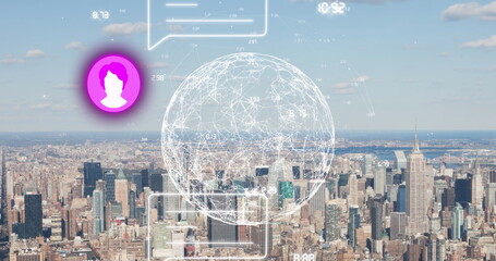 Image of profile and message icons over globe of network of connections against cityscape