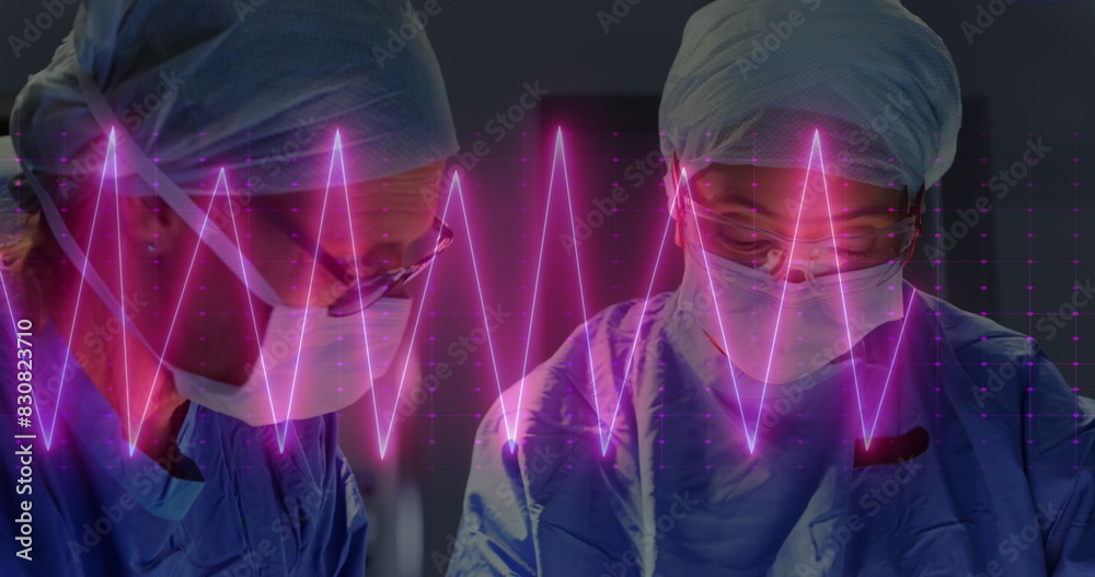 Poster Image of heart rate monitor over diverse male and female surgeons performing surgery at hospital