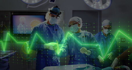 Image of heart rate monitor against diverse male and female surgeons discussing before surgery