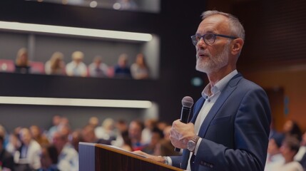 A CEO addressing shareholders at an annual general meeting, outlining the company's vision and performance 