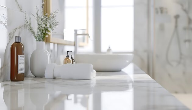 A copy space on a luxury marble tabletop with toiletries in a modern white and clean bathroom
