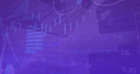 Image of statistical and stock market data processing against low angle view of tall buildings