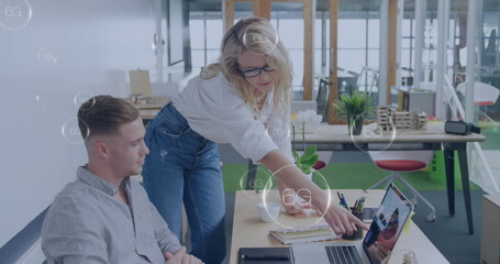 Image of 6g text over diverse business people in office