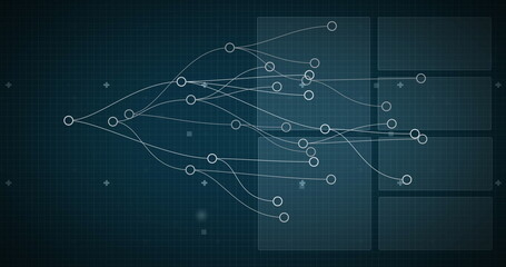 Image of connected circles over radar, globe, graph and circuit board pattern in background