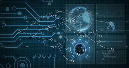 Image of connected circles over radar, globe, graph and circuit board pattern in background
