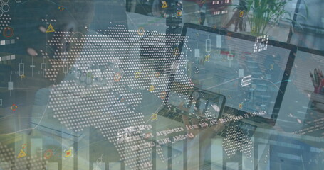 Image of data processing over african american woman having a imagecall on smartphone at office