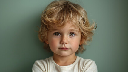 Professional studio photo portrait of a cute little boy, lovely kid with naive face, a pretty child with a emotional expression, widescreen 16:9