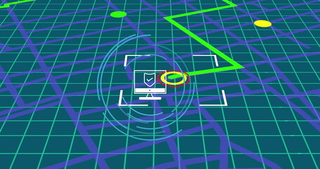 Digital map interface displaying computer icon with security symbols
