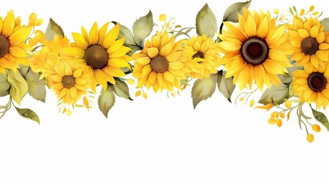 Beautiful border of vibrant sunflowers and green leaves. Perfect for summer designs, invitations, and decorations.
