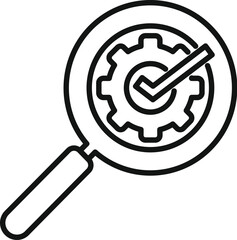 Quality control concept icon with magnifying glass, check mark, and gear symbol for assurance and verification process in engineering, manufacturing, and industry