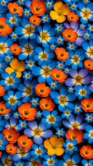 Vibrant pattern of flowers with a dominant presence of blue and orange and purple hues for 16:9 background. The flowers are colorful Forget-me-nots.