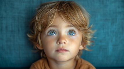 Naklejka premium Professional studio photo portrait of a cute little boy, lovely kid with naive face, a child with a emotional expression, widescreen 16:9