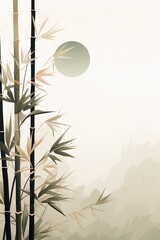 Elegant bamboo stalks with leaves against a serene, misty backdrop featuring a sun, providing a tranquil and minimalist natural scene.