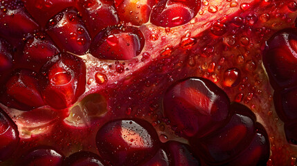 An intricate close-up of a pomegranate split open, with the ruby-red seeds glistening in the light and casting tiny, intricate shadows, highlighting the vibrant colors and textures of the fruit.