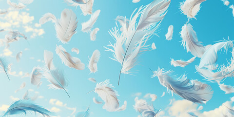 Realistic digital image of delicate white feathers floating on a soft blue sky background