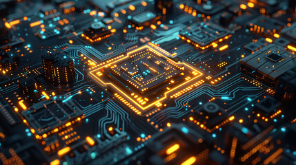 Obraz premium A computer chip with a brain symbol on it. The chip is orange and black