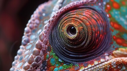 A detailed shot of a chameleon's eye, capturing the concentric patterns and vivid colors, with its textured skin in the background.

