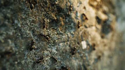 Close up view of ants moving along the wall with a soft backdrop
