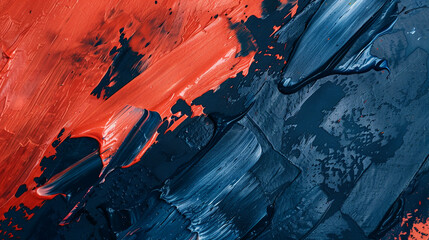 Dynamic and rough strokes in an abstract painting closeup with fiery coral and navy blue,