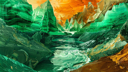 Colorful depiction of a mountain pass in emerald green and burnt sienna on a surreal oil canvas,
