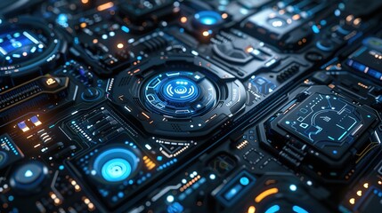 Fototapeta premium Futuristic UI Elements and Interfaces: Light Blue and Black Design, 8K Resolution, Cryptidcore Aesthetic with Rounded Captivating Heistcore Style