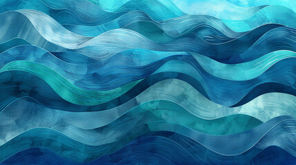 Hand-drawn ocean wave texture in abstract art featuring deep blue and seafoam green shades,