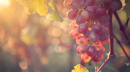 A detailed close-up of a bunch of grapes hanging on the vine, with soft, diffused sunlight highlighting the translucent quality of the fruit and casting delicate shadows that emphasize the natural