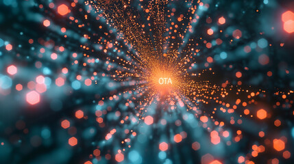 "OTA" glowing in the center of cascading data flows, representing the efficiency of over-the-air updates in a futuristic digital landscape