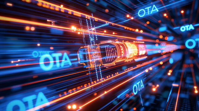 A futuristic digital background with streams of data flowing towards "OTA," illustrating the process of an over-the-air firmware upgrade