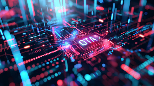 "OTA" centered within a flowing stream of digital information, illustrating a firmware update process in a modern, high-tech environment