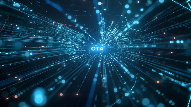 A glowing "OTA" amidst cascading data streams, set in a dynamic digital landscape, highlighting the efficiency of over-the-air updates