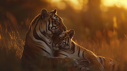 Tiger and tigress lie in the grass in the wild Savannah