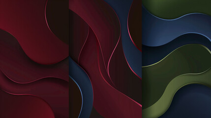 Rich burgundy, navy blue, and forest green in an abstract vector triptych,