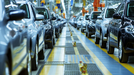 Busy factory floor with modern cars moving down an assembly line, featuring high-tech equipment and a workforce dedicated to precision and efficiency