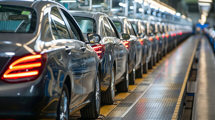 An intricate view of a mass production assembly line in a car factory, highlighting the seamless flow of modern cars being built with advanced technology