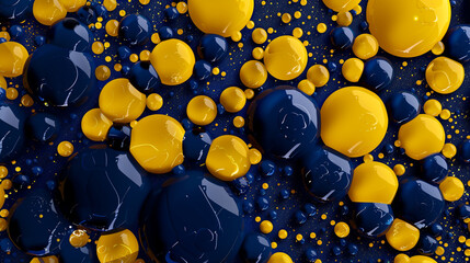 Sunny golden yellow and navy blue oil drops create a vibrant, refreshing widescreen abstract,