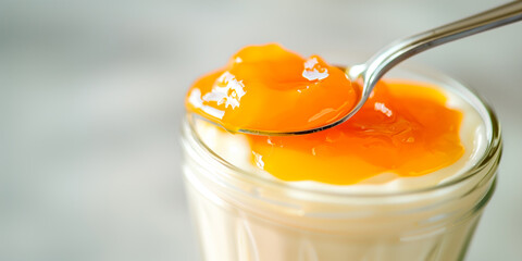 Bowl of yogurt with peach jam as background, top view of spilled apricot jelly