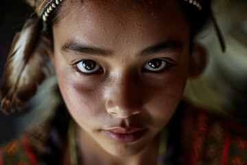 Head and shoulders portrait of beautiful young Indigenous woman, studio photo