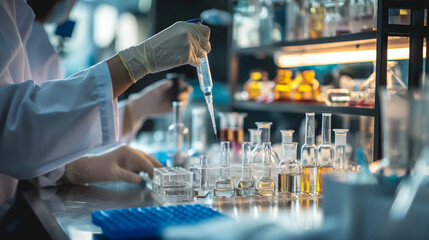 Close-up of lab analysts in a chemistry lab using test tubes and syringes, surrounded by glass vials containing various chemical solutions, representing advanced scientific researc