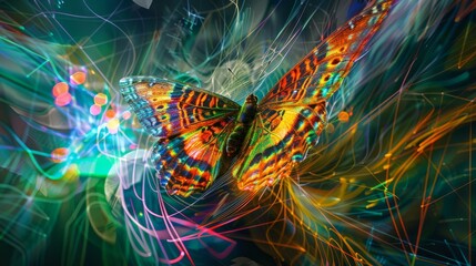 A butterfly with bright colors is flying through a colorful background