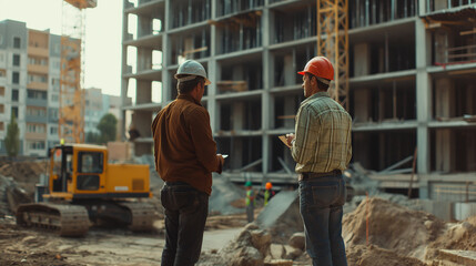 A detailed look at a real estate investor and a civil engineer in a conversation at the construction site of an apartment complex, with structural elements and machinery in the bac