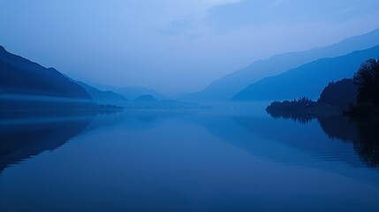 A calm lake with mountains in the background