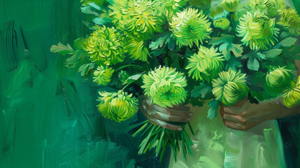 Vibrant green chrysanthemums in a modern oil painting held by a figure,