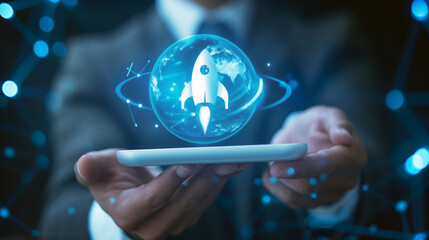 A detailed view of a businessman presenting a virtual screen displaying a globe with a rocket icon and an up arrow, representing fast startup business and strategic planning
