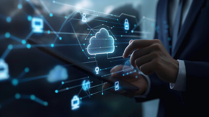 Detailed illustration of a businessman connecting data with cloud computing to access HR management through cloud ERP, highlighting efficient business resource planning