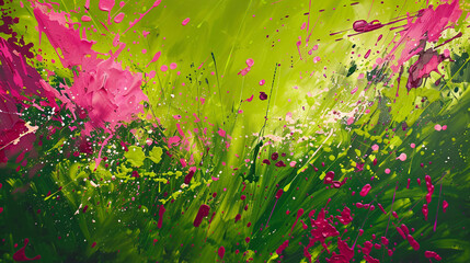 Surrealistic oil painting with vibrant pink and green splashes depicting a blooming meadow,