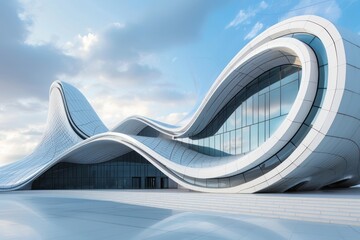 A large building with a curved design and lots of windows